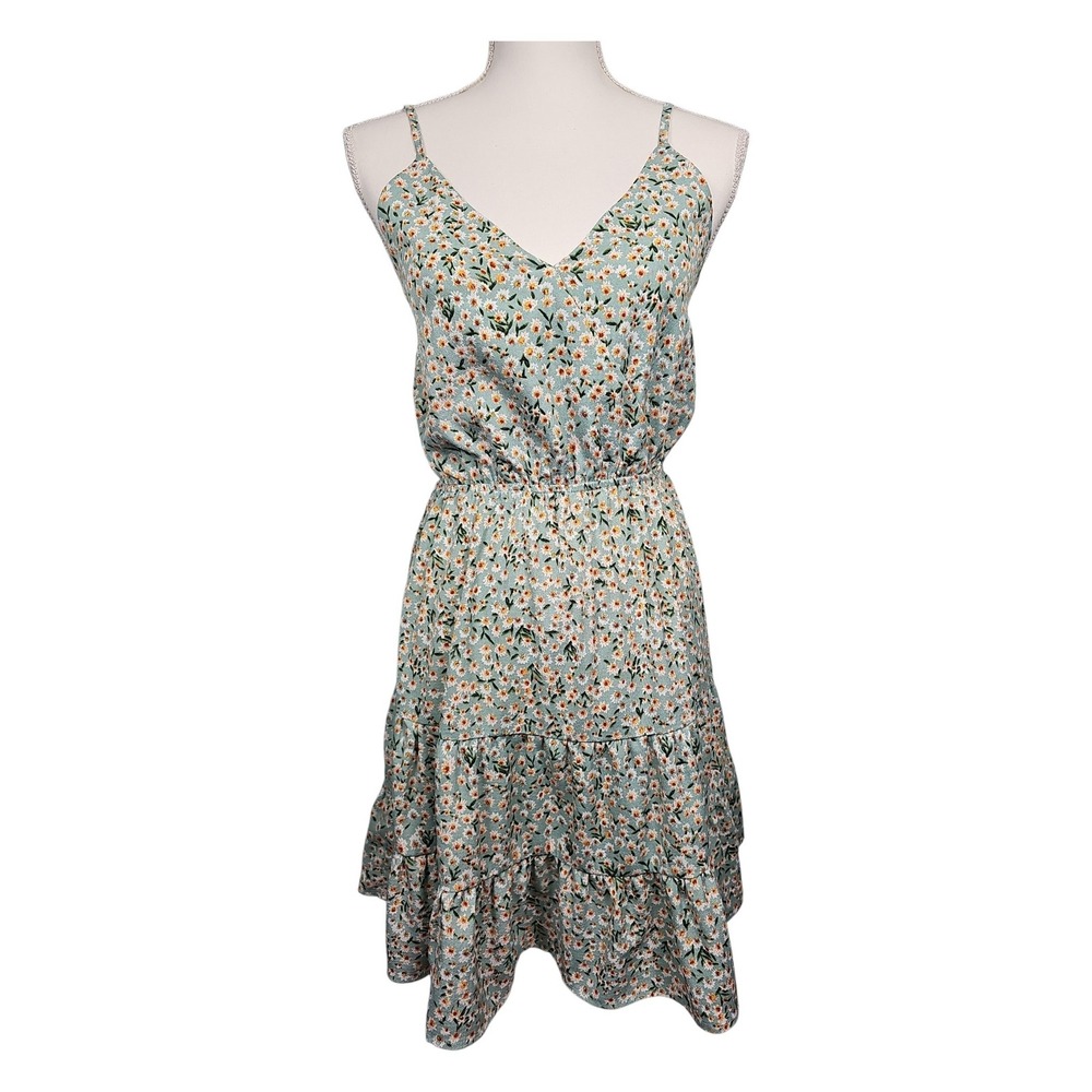 Romwe Mini Dress Daisy Floral Cottagecore Tiered Ruffle Sage Green Women Size S
